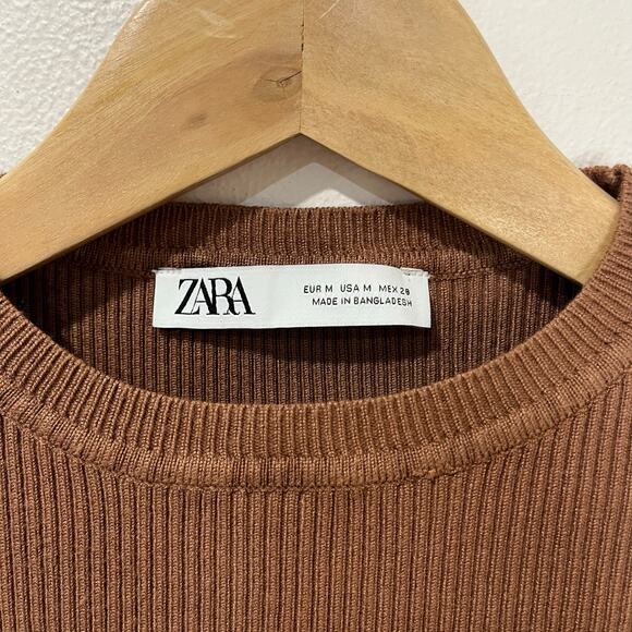 Zara Ribbed Shoulder Pad Long Sleeve Top Brown Capsule Minimalist Size M - Picture 5 of 5